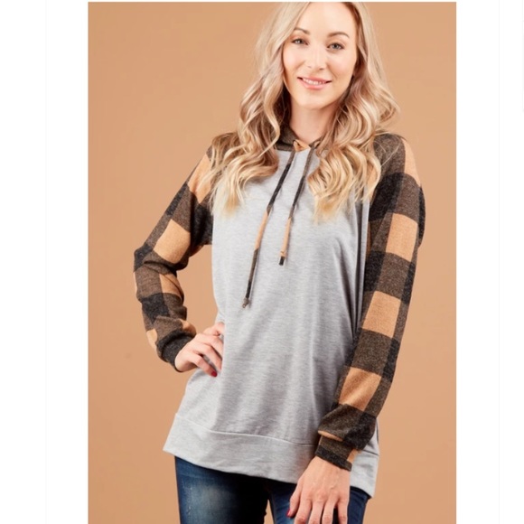 Boutique Tops - Taupe Plaid Hoodie